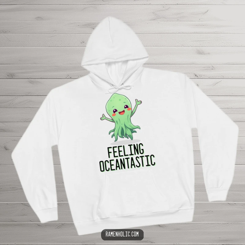 Funny hoodie showcasing a happy seaweed character busting a move, perfect for staying warm and embracing oceanic vibes.