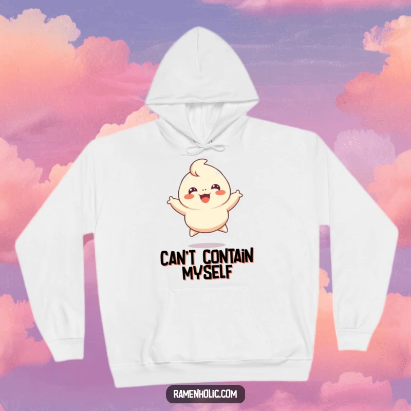 Funny hoodie featuring a cheerful dumpling character leaping with absolute delight, offering cuddly comfort and a touch of humor.