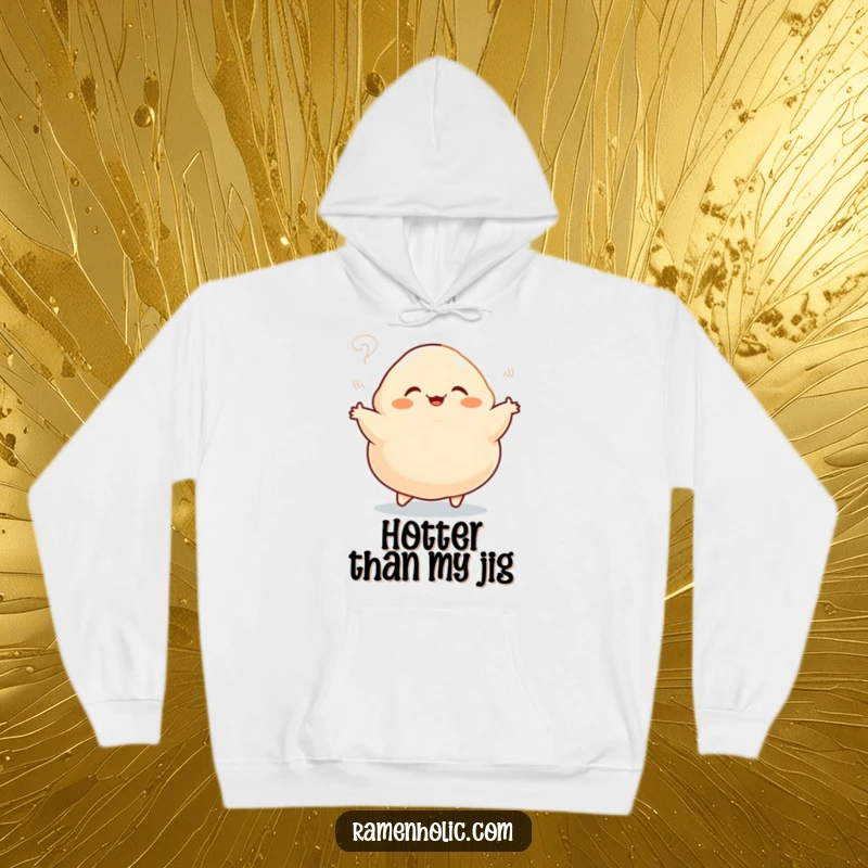 Funny hoodie showcasing a plump dumpling character joyfully jigging with playful steam, a delightful and cozy cartoon food design.