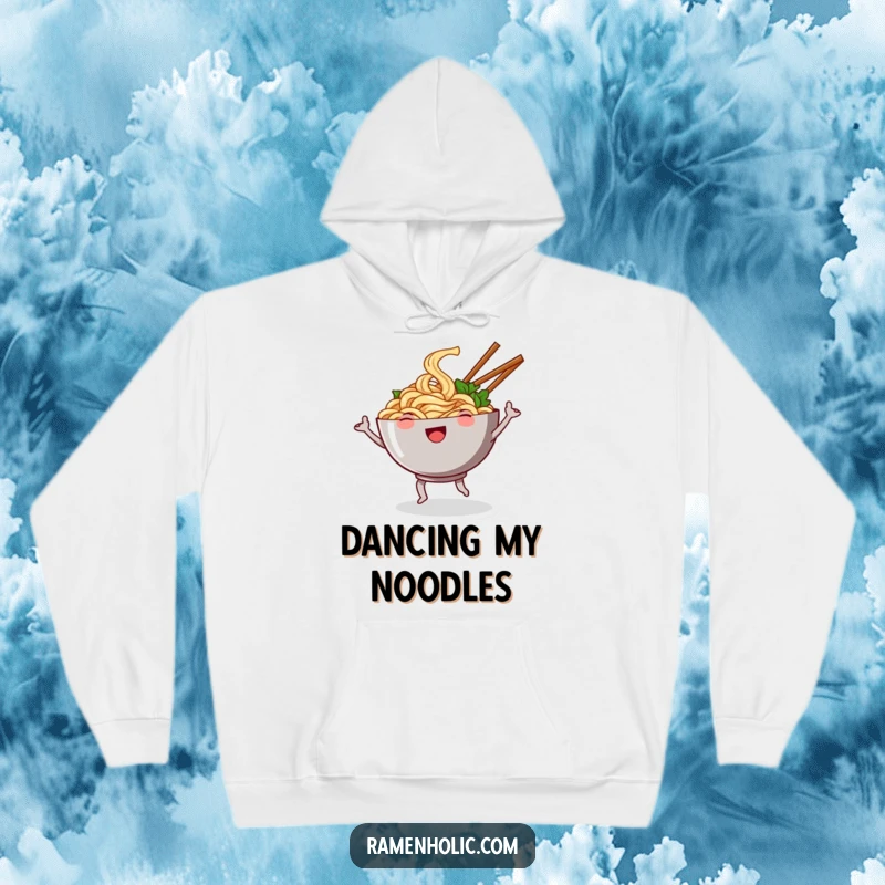 Funny hoodie featuring a smiling bowl of noodles doing a silly dance, chopsticks waving like arms, offering cozy cartoon comfort.