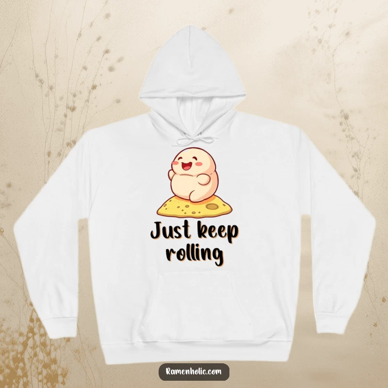 Funny hoodie featuring a happy dumpling rolling down a hill, offering warmth and culinary delight.
