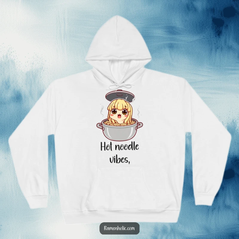 Funny noodle character peeking out of a boiling pot, wide eyes conveying surprise, a cozy and humorous hoodie for noodle lovers.