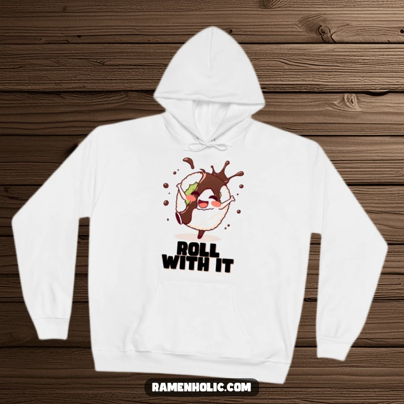 Funny hoodie featuring a cheerful sushi roll doing a cartwheel with happy soy sauce splashes, offering cozy cartoon comfort.