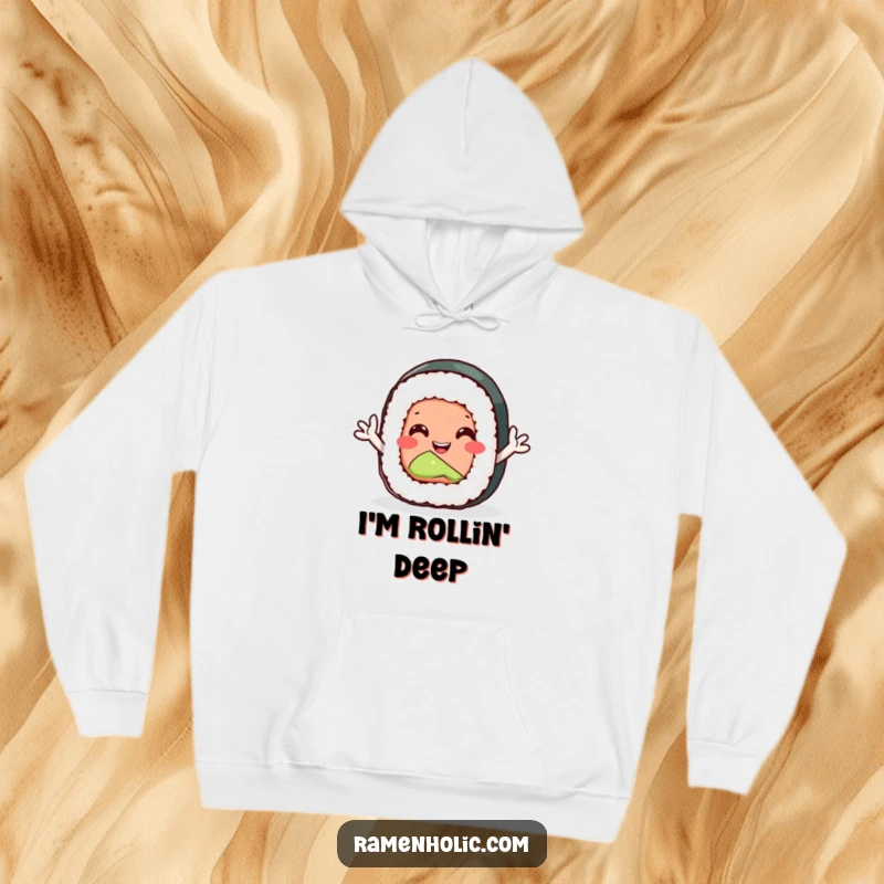 Funny sushi roll hoodie featuring tiny arms waving enthusiastically, offering warmth and a dose of playful cheer.