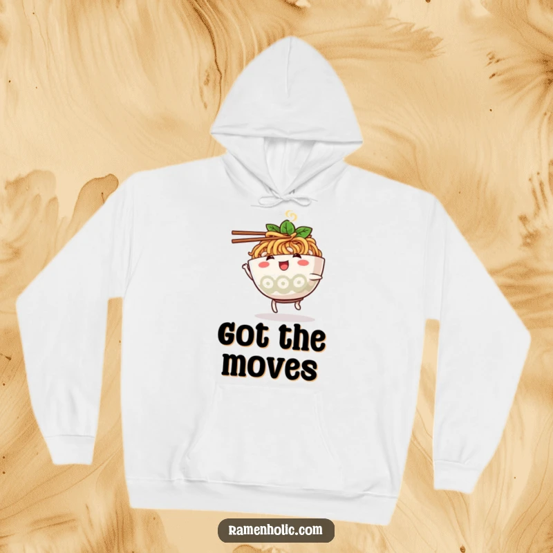 Funny ramen bowl character hoodie, dancing energetically with chopsticks, offering warmth and humor.