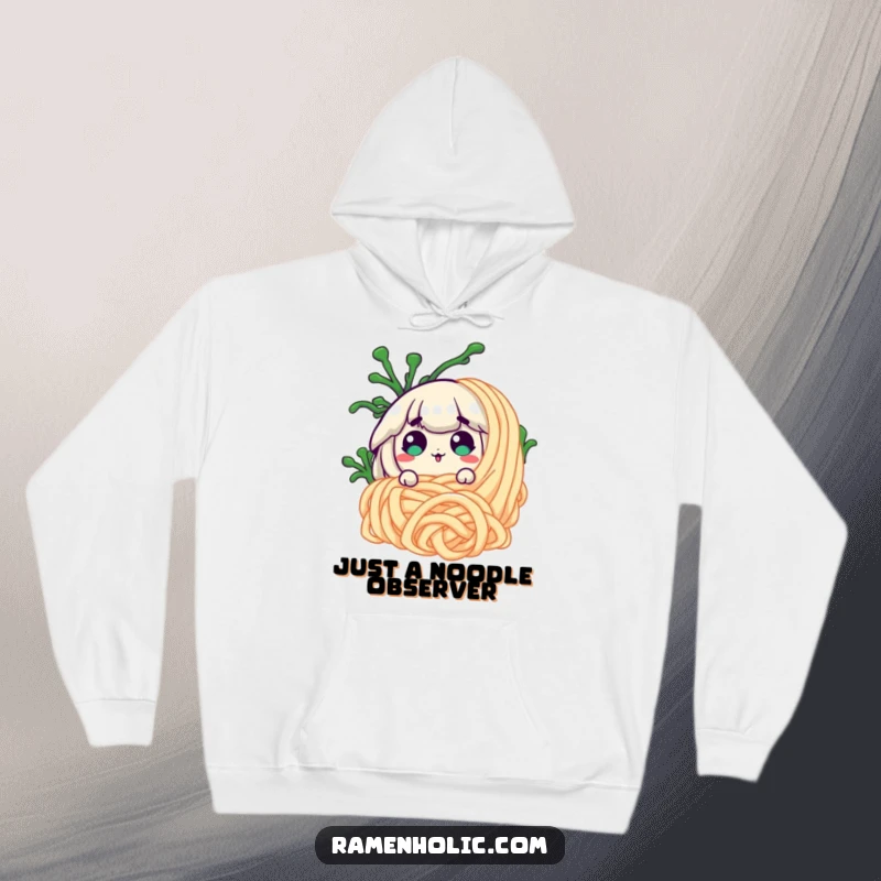 Funny surprised seaweed character hiding behind a giant noodle on a cozy hoodie, perfect for cold weather fun.