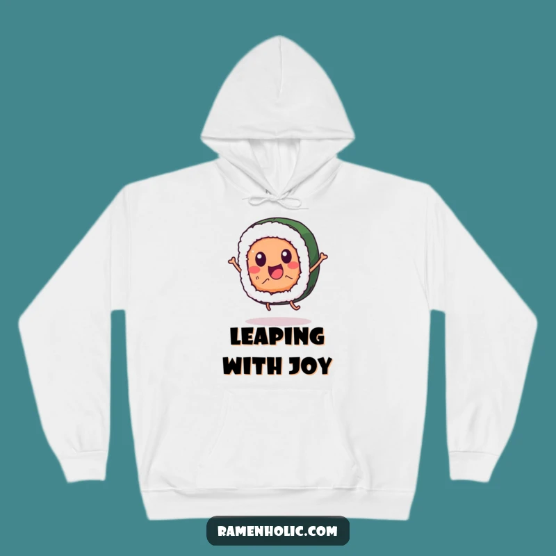 Cozy Funny Sushi Hoodie: Jumping Character Design, Warm & Hilarious Apparel, Perfect Gift