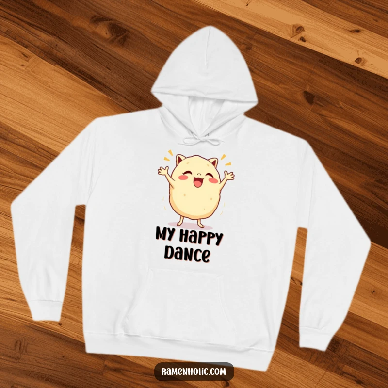 Funny Gyoza Jig Hoodie featuring a happy dumpling character performing an energetic dance, providing warmth and humor.