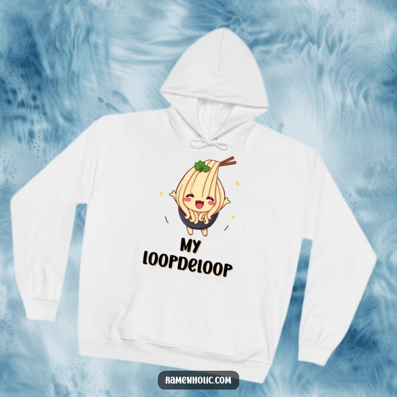 Funny Udon Flip Hoodie featuring a happy udon noodle character in a dynamic flipping pose, ideal for warmth and fun.