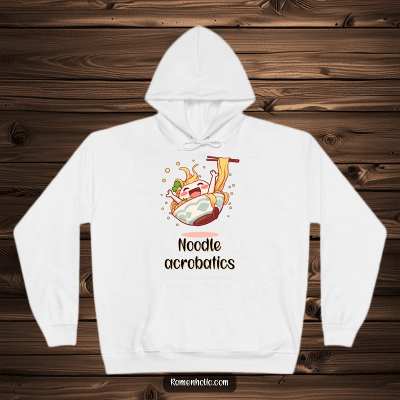 Funny ramen bowl character doing a happy somersault, broth splashing, designed on a soft, warm hoodie.