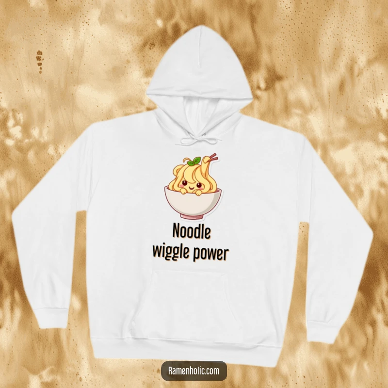 Funny Noodle Hoodie: A happy noodle character wiggling happily in a bowl, providing cozy comfort and a cheerful vibe.