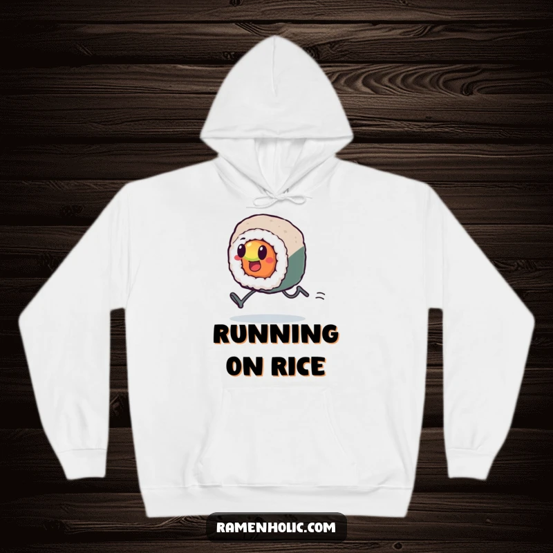 Funny Kawaii sushi roll with tiny legs, sprinting with intense effort, looking a bit frazzled, a comical portrayal of hard work, perfect funny gift.