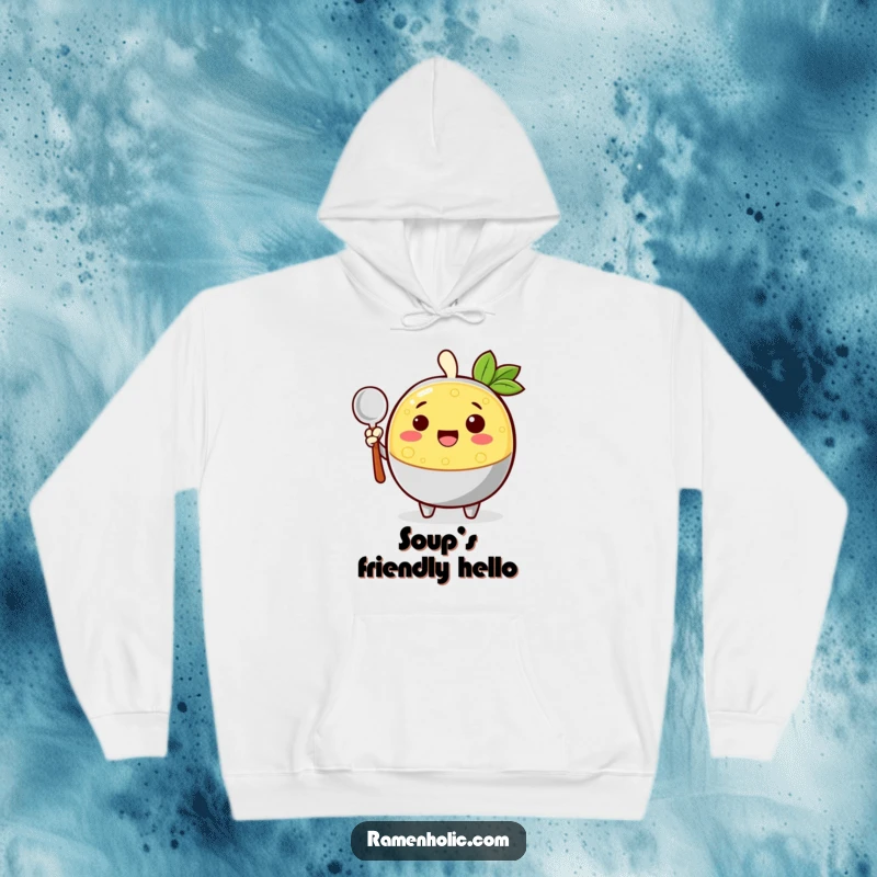 Funny cheerful broth character waving hello with a ladle on a cozy hoodie, perfect for staying warm and happy.