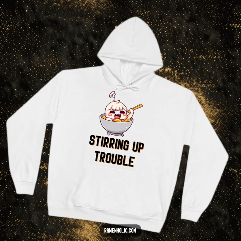 Funny hoodie featuring a playful chopstick character nudging a bowl of ramen, ready for a feast.