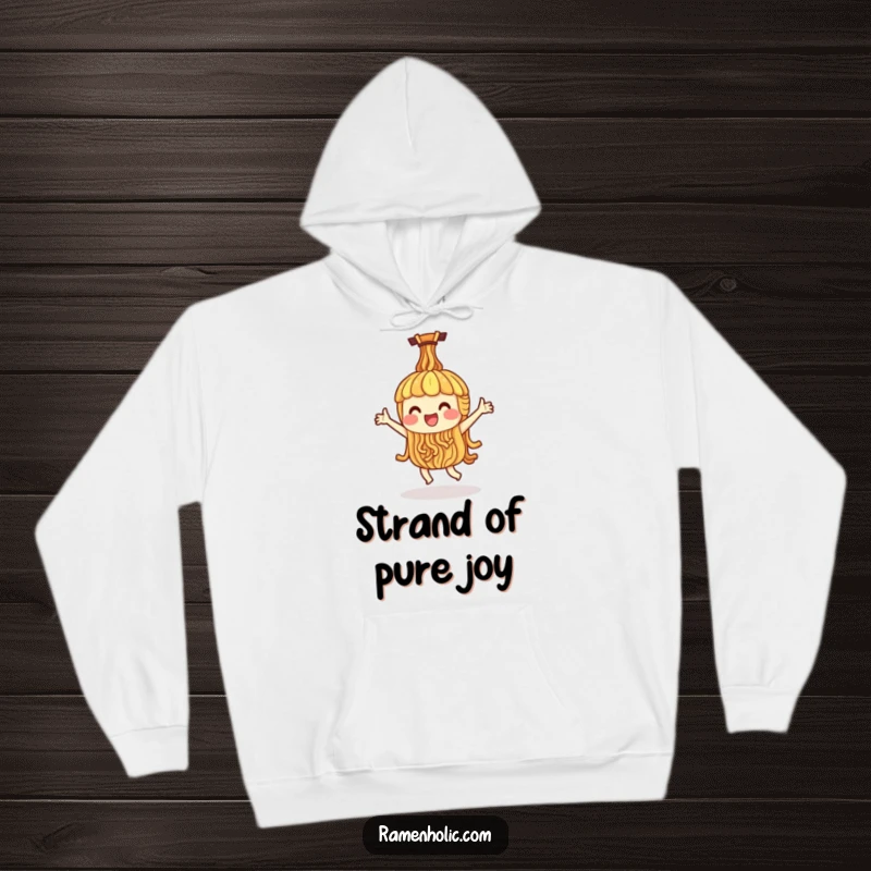 Funny hoodie featuring a single ramen noodle character doing a spirited happy dance, a cozy and humorous statement.