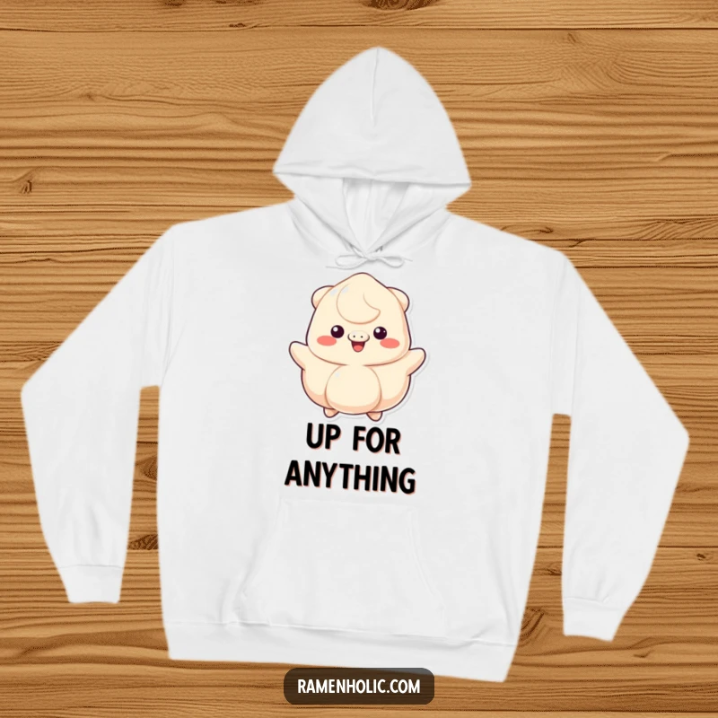 Funny hoodie showcasing a happy bouncing dumpling, full of cheer, perfect for cozying up with a smile.