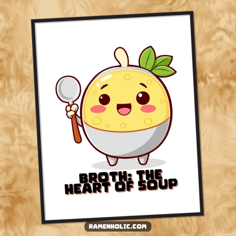Funny Free Printable Wall Art: A happy broth character waves a ladle, exuding warmth and friendliness, perfect for kitchen decor.