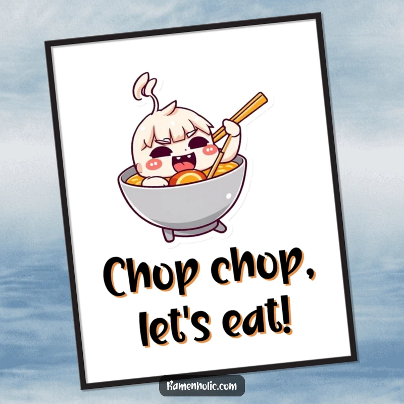 Funny Free Printable Wall Art: A mischievous chopstick playfully nudging a bowl of ramen. Humorous foodie downloadable decor.