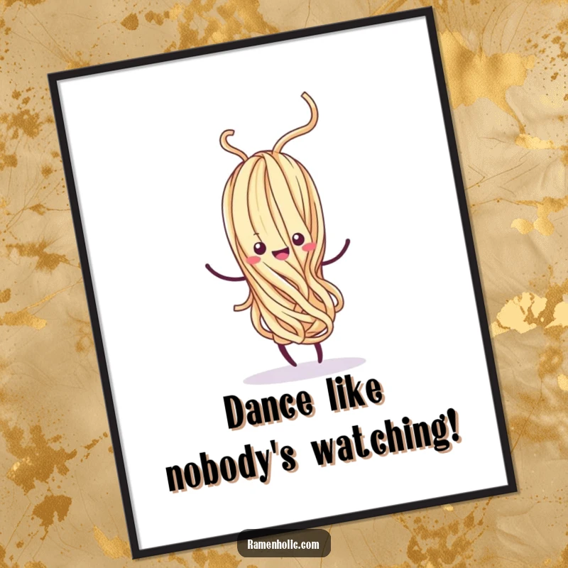 Funny Free Printable Wall Art: A kawaii noodle strand performs a happy, whimsical dance with a cheerful swirl.