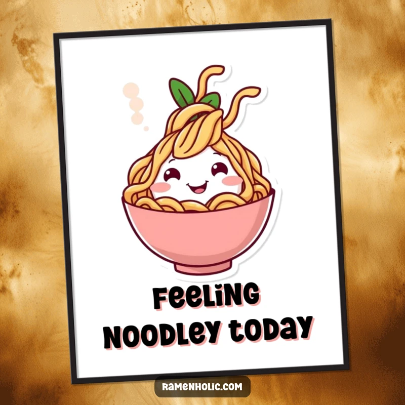 Funny Free Printable Wall Art: Cheerful noodle character popping out of steam cloud, happy, whimsical decor.