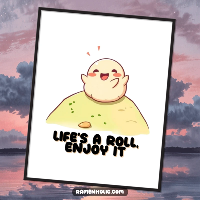 Funny Free Printable Wall Art: A happy dumpling character gleefully rolling down a hill, embodying pure, unadulterated joy. Downloadable.