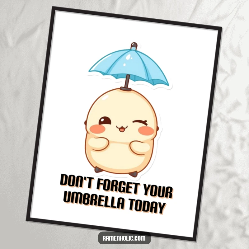 Funny Free Printable Wall Art: Cheeky dumpling winking mischievously while balancing a tiny umbrella perfectly on its head.