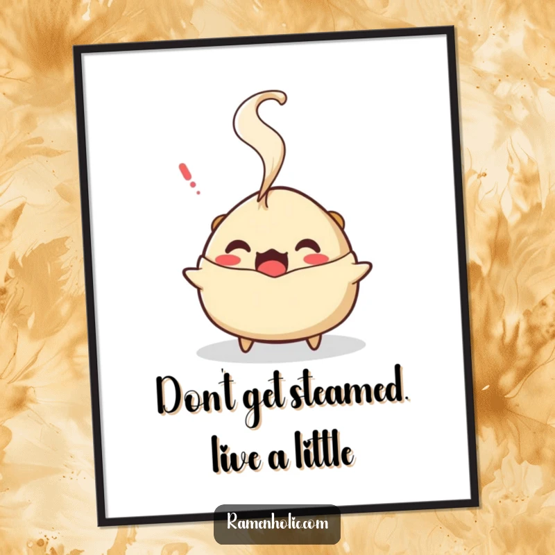 Funny Free Printable Wall Art: A surprised gyoza character with steam puffing out, creating a comical and eye-catching piece.