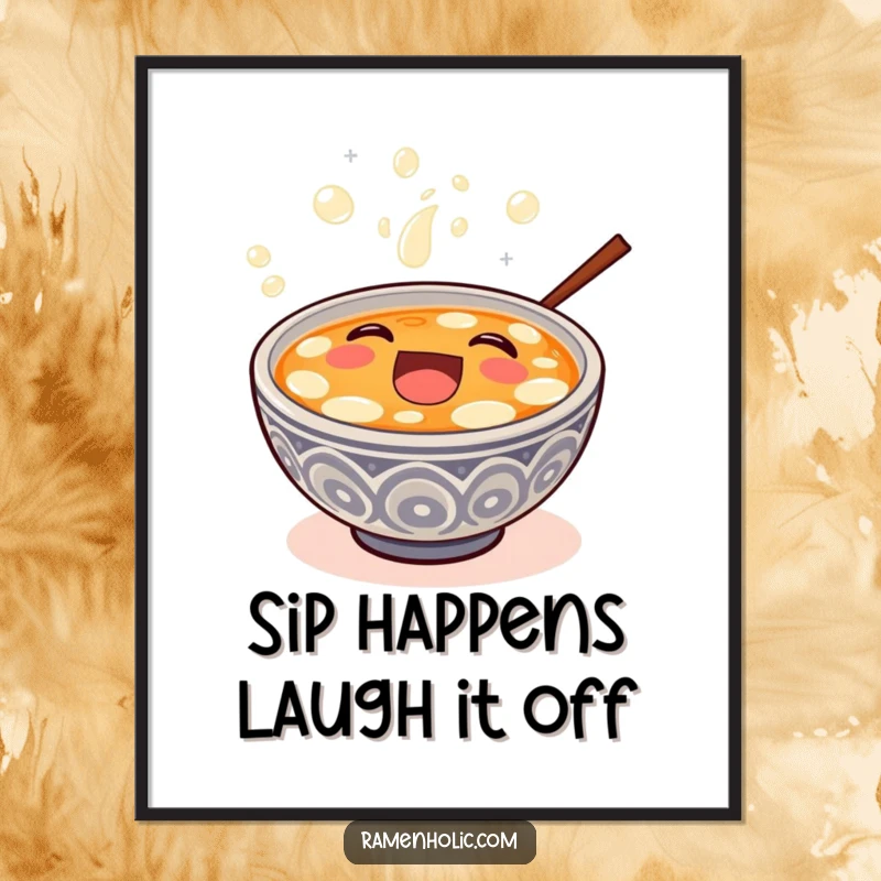 Funny Free Printable Wall Art: A happy bowl of miso soup overflowing with infectious, bubbly laughter, radiating warmth.