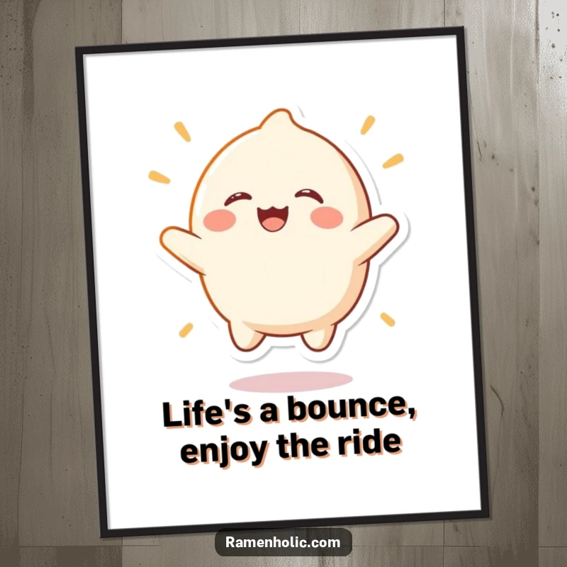 Funny Free Printable Wall Art: A cheerful mochi character performing an energetic bounce, radiating pure, infectious laughter.