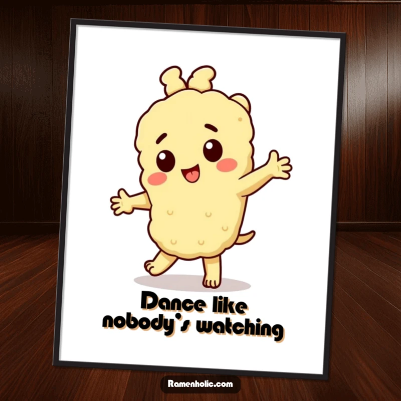 Funny Free Printable Wall Art: A Cheerful Tempura Character Caught in a Playful Dance Pose, Adding Joyful Vibe.