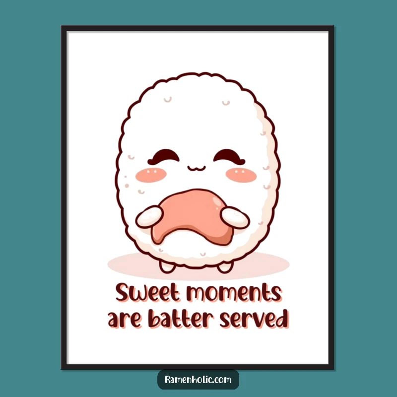 Funny Free Printable Wall Art: Cute Blushing Rice Ball Holding a Treat