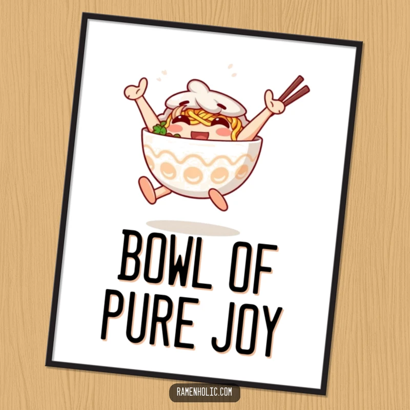 Funny Free Printable Wall Art: An anthropomorphic ramen bowl character jumps with pure joy, its noodles radiating happiness.