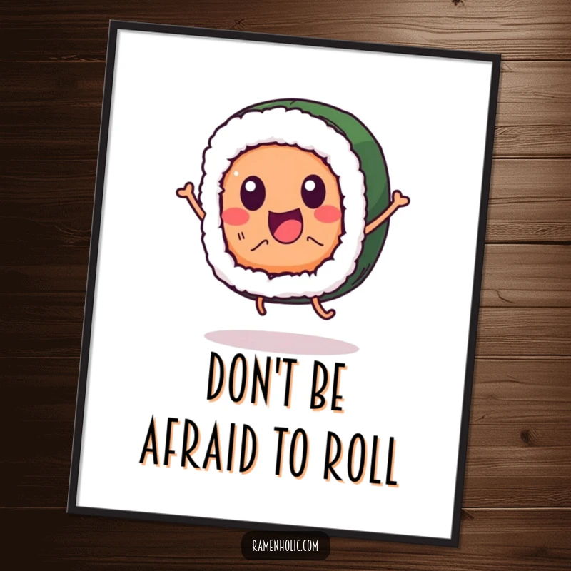 Funny Free Printable Wall Art: An anthropomorphic sushi roll character caught in a joyful leap, full of life.