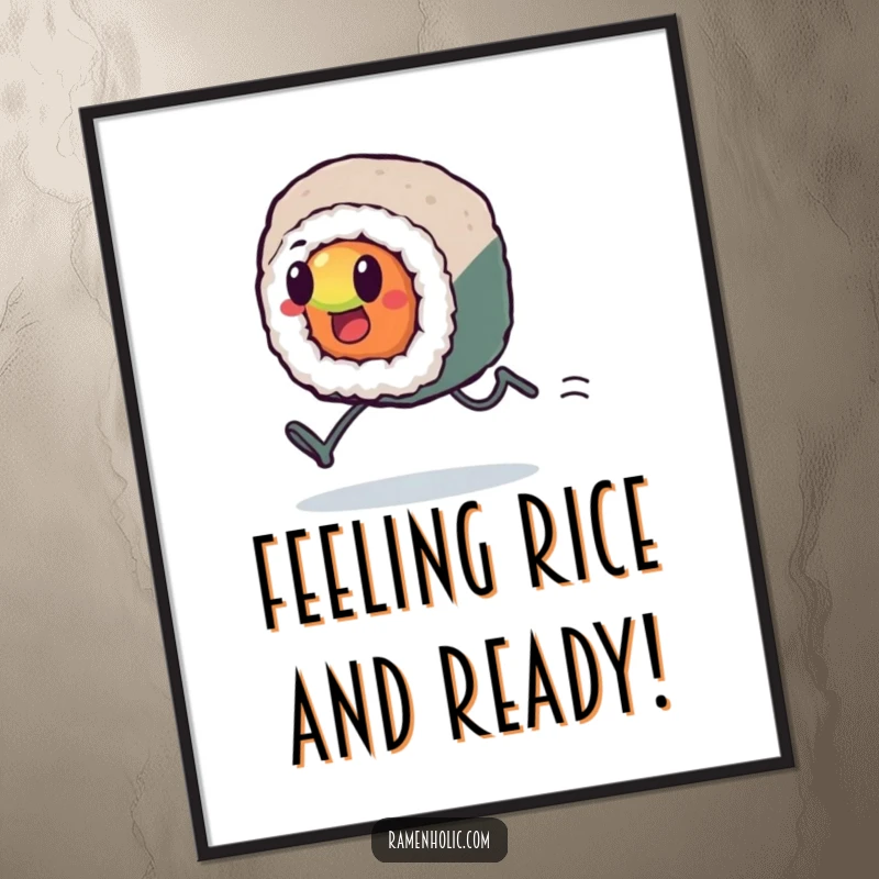 Funny Free Printable Wall Art: A kawaii sushi roll with tiny legs, sprinting with extreme effort.