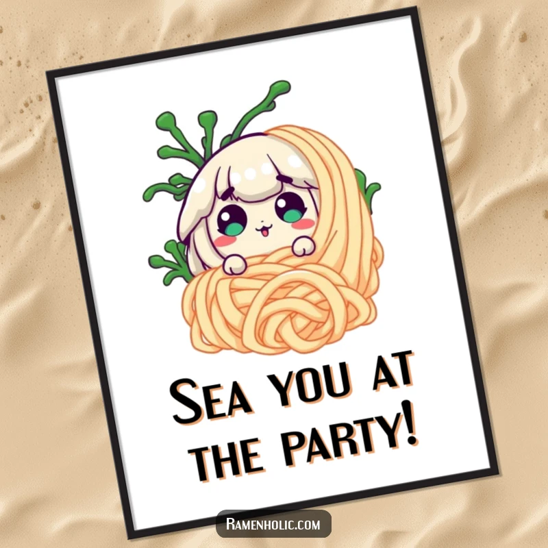 Funny Free Printable Wall Art: Goofy seaweed peeks from behind a giant noodle, looking comically shocked, perfect for kitchen decor.