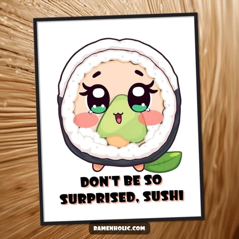 Funny Free Printable Wall Art of a shocked sushi roll character with wide eyes and blush, a humorous addition.