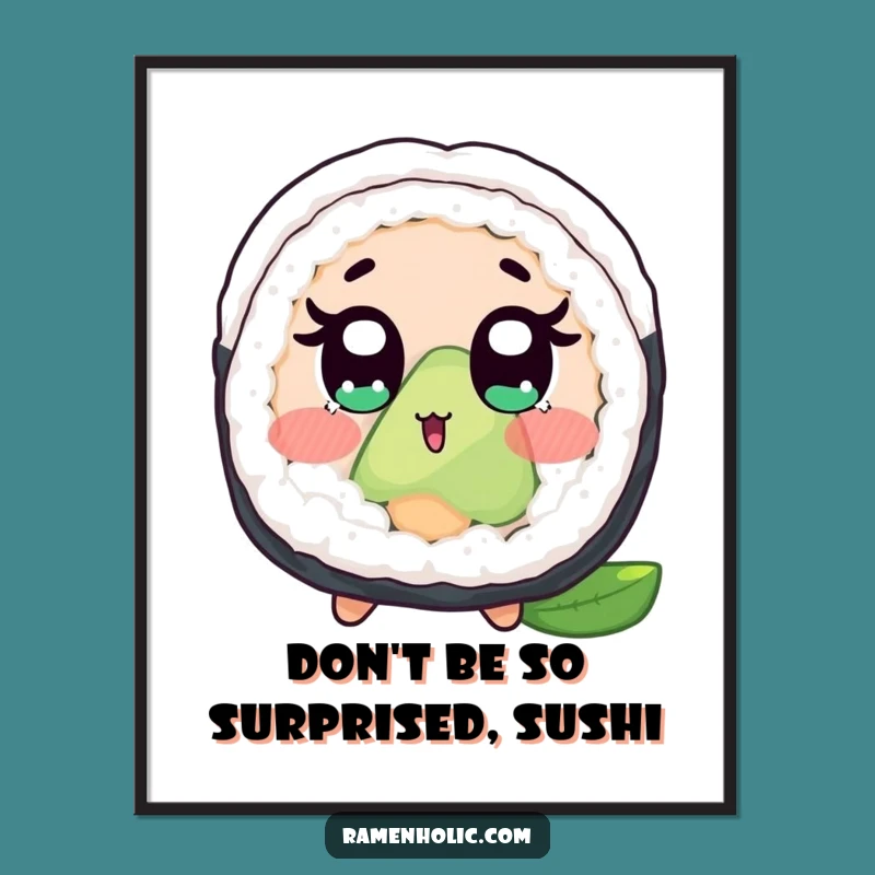 Funny Free Printable Wall Art: Surprised Sushi Roll, Humorous Downloadable Decor for Kitchen