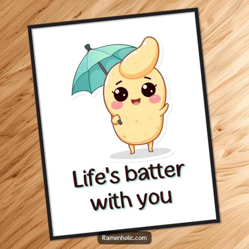 Funny Free Printable Wall Art: A happy tempura piece holding a tiny umbrella, adding whimsical charm.