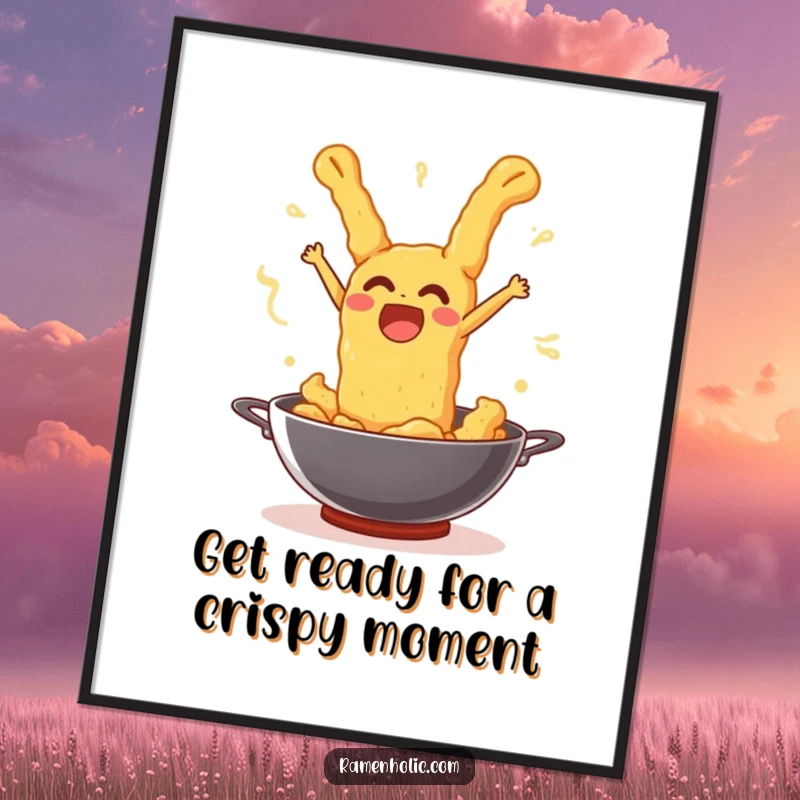 Funny Free Printable Wall Art: Surprised tempura joyfully leaping out of a wok, capturing a moment of delicious freedom.