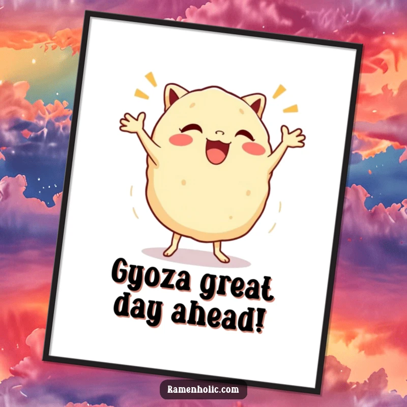 Funny Free Printable Gyoza Wall Art: Excited dumpling character doing a happy jig, adding culinary cheer.