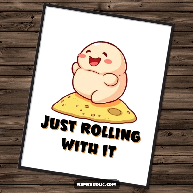 Funny Free Printable Wall Art: Smiling dumpling character rolling down a tiny hill, conveying pure joy.