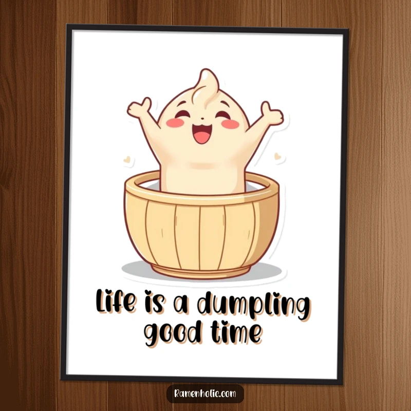 Funny Free Printable Wall Art: A joyful dumpling character leaping exuberantly from a steamer basket, adding cheer to any room.
