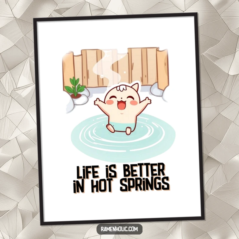 Funny free printable wall art of a kawaii miso soup character joyfully leaping into a steaming, relaxing hot spring.