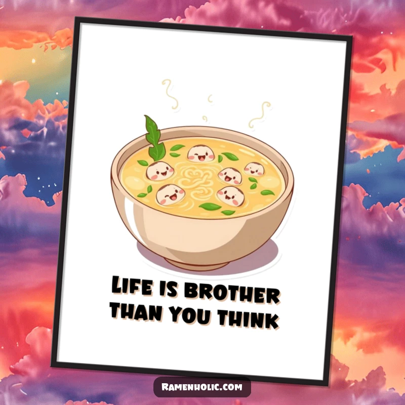 Funny Free Printable Broth Wall Art: Plump bowl of broth bubbling with laughter, tiny noodle characters swimming.