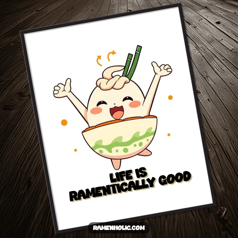 Funny Free Printable Wall Art: A cheerful ramen bowl character leaping with pure joy, perfect for kitchen decor.