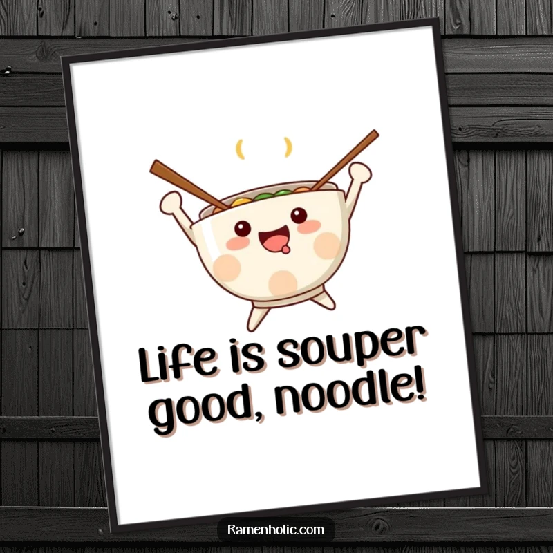 Funny Free Printable Wall Art: A kawaii ramen bowl with chopstick arms does a happy, energetic jump.