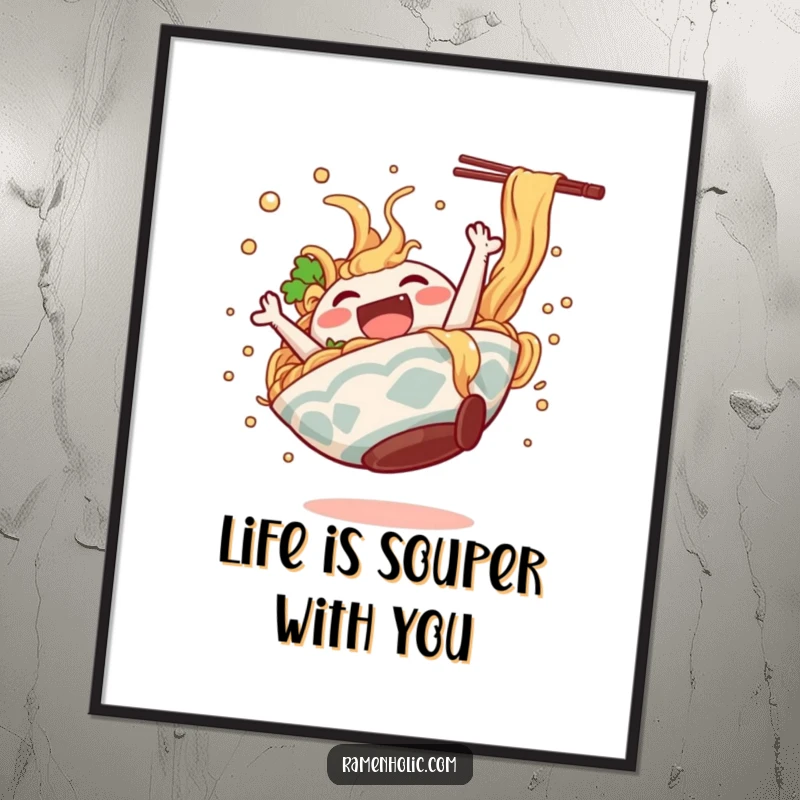 Funny Free Printable Wall Art: Dancing ramen bowl character doing a happy somersault, broth splashing in a dynamic pose.