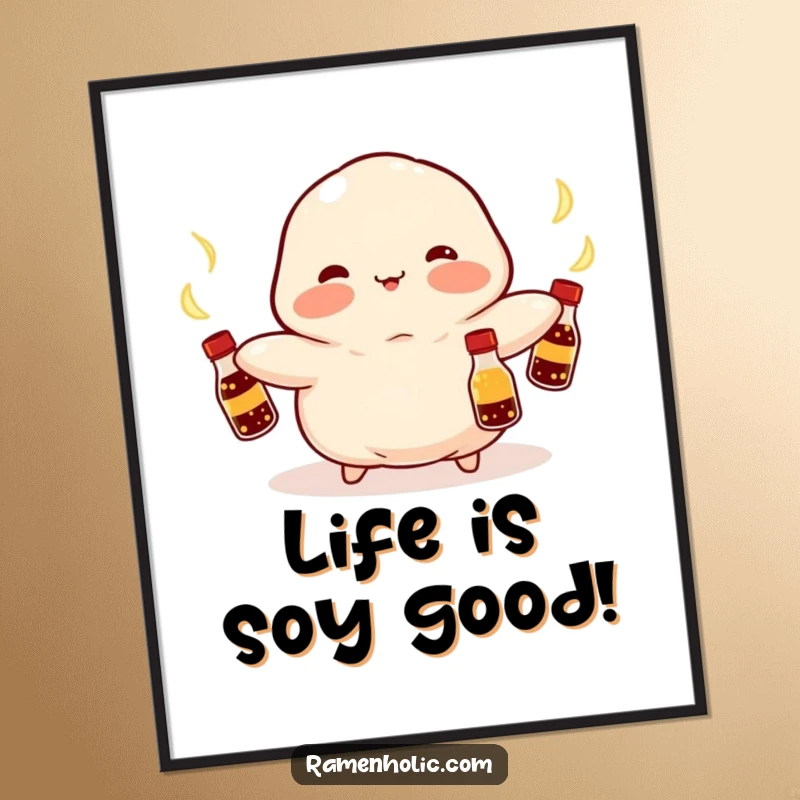 Funny Free Printable Wall Art: A kawaii dumpling with rosy cheeks juggles bright, glowing soy sauce bottles skillfully.