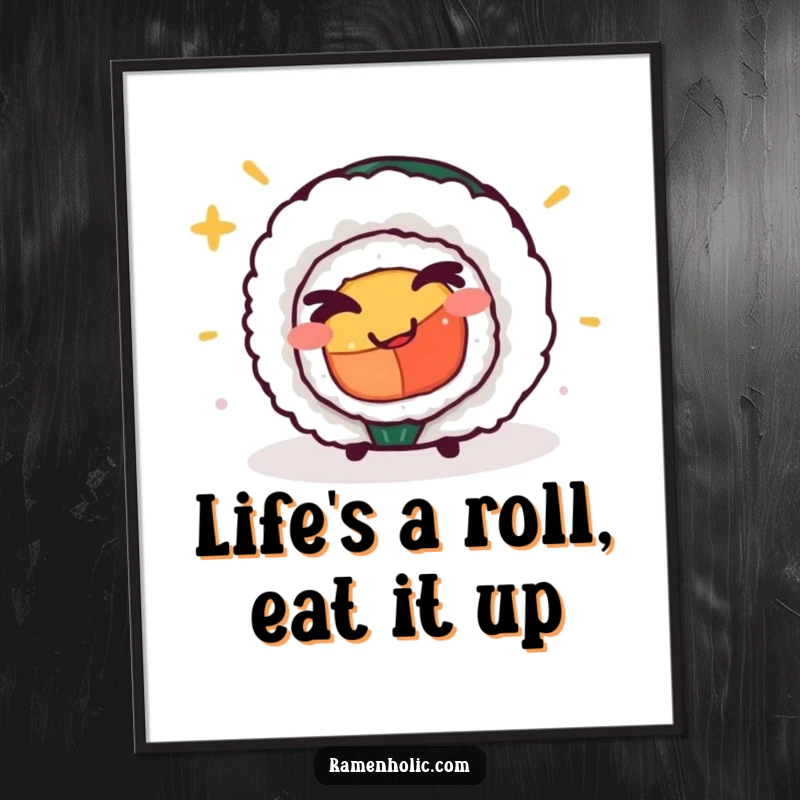 Funny Free Printable Wall Art: Cheeky sushi roll character winking playfully, a hilarious and charming piece of downloadable decor.