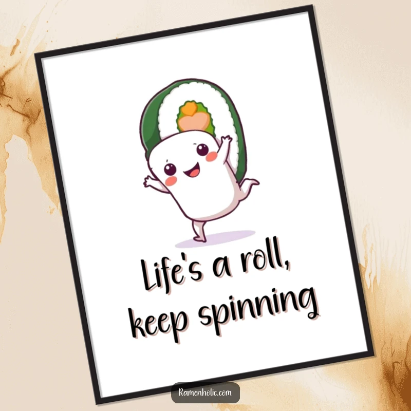 Funny Free Printable Wall Art: A Smiling Sushi Roll Character Doing a Dynamic Cartwheel, Perfect for Kitchen Decor.